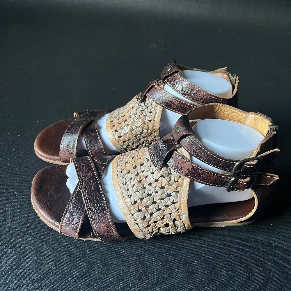 Bed Stu Brown Woven Leather Gladiator Sandals Back Zip Womens 9.5 Boho Artisan
